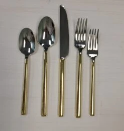 Vikko Crown - Sapphire, Gold Handle 18/10 SS, Square Flatware, 20 Pc Set